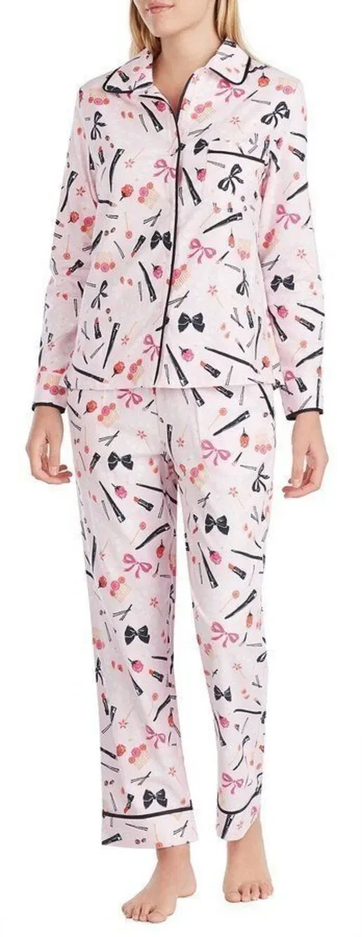 Kate Spade Things We Love Pajama Set Pink Makeup Bow Print Women's Size Small
